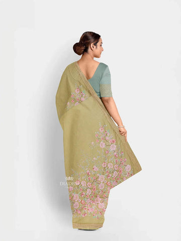 Parrot Green Chanderi Silk Saree with Floral Prints on the body and Printed Border - Diadem