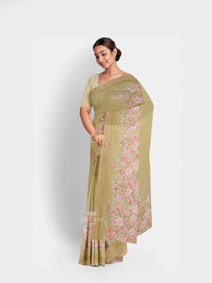 Parrot Green Chanderi Silk Saree with Floral Prints on the body and Printed Border - Diadem