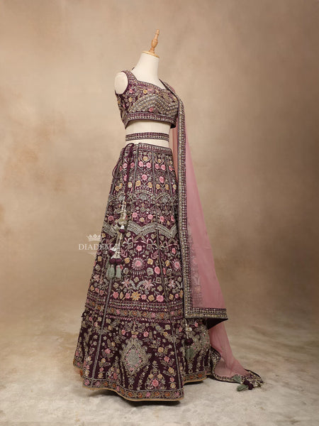 Burgundy Silk Threadwork Mirrorwork Waist Belt Bridal Lehenga - Diadem