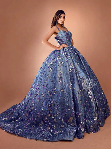 Blue Ball Gown Embellished with Sequins and Crystals - Diadem