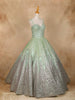Pista Green Floral Sequin and Beaded Bridal Reception Net Ball Gown
