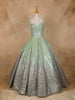 Pista Green Floral Sequin and Beaded Bridal Reception Net Ball Gown
