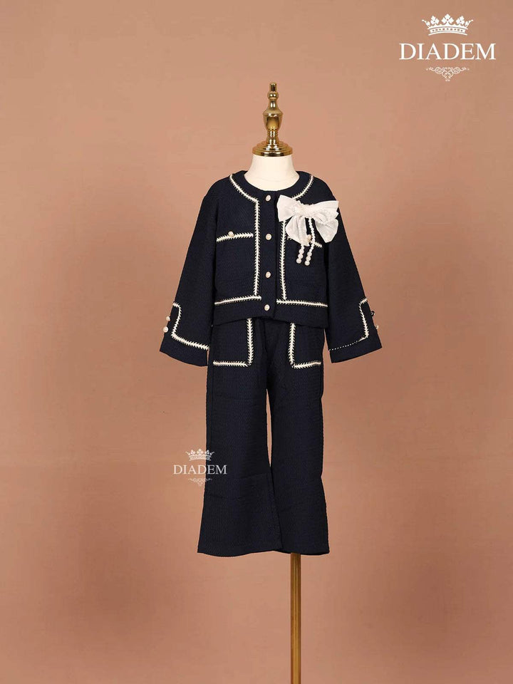 Navy Blue Seersucker Palazzo Suit with attached Bow - Diadem