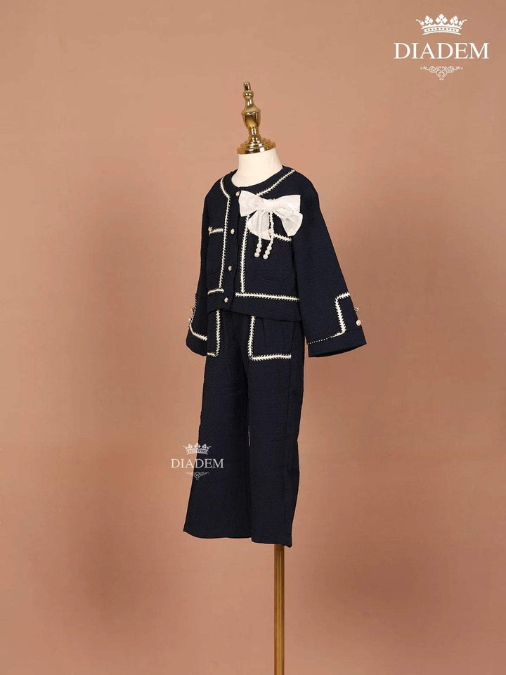 Navy Blue Seersucker Palazzo Suit with attached Bow - Diadem