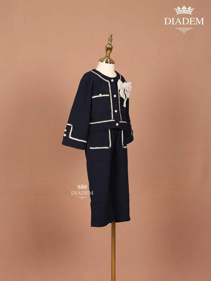 Navy Blue Seersucker Palazzo Suit with attached Bow - Diadem