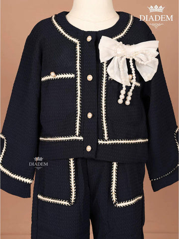 Navy Blue Seersucker Palazzo Suit with attached Bow - Diadem