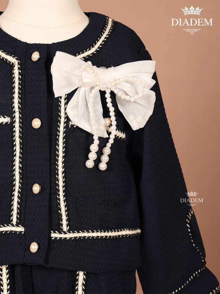 Navy Blue Seersucker Palazzo Suit with attached Bow - Diadem