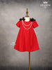 Red Denim Cotton Frock with Attached Bow and Beaded Mala - Diadem