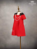 Red Denim Cotton Frock with Attached Bow and Beaded Mala - Diadem