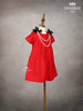 Red Denim Cotton Frock with Attached Bow and Beaded Mala - Diadem