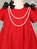 Red Denim Cotton Frock with Attached Bow and Beaded Mala - Diadem