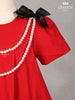 Red Denim Cotton Frock with Attached Bow and Beaded Mala - Diadem