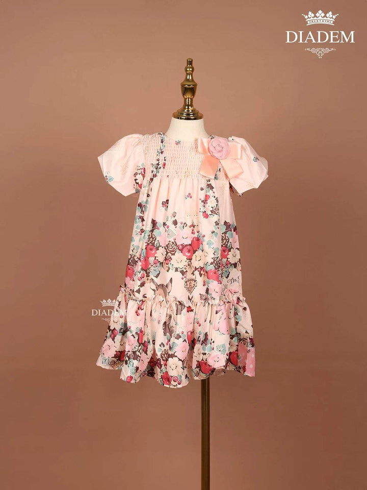 Light Pink Satin Frock Adorned with Floral Prints and Attached Bow - Diadem