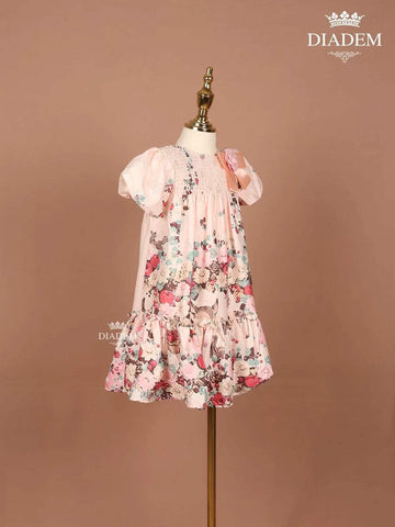 Light Pink Satin Frock Adorned with Floral Prints and Attached Bow - Diadem