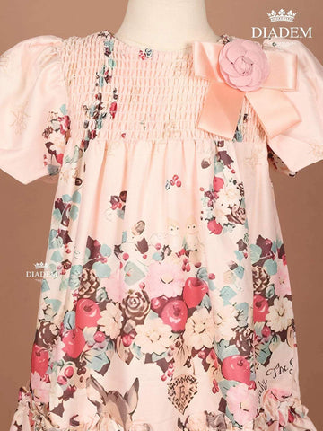 Light Pink Satin Frock Adorned with Floral Prints and Attached Bow - Diadem