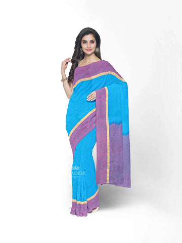 Blue Silk Saree with Plain body and Zari with Thread Border - Diadem