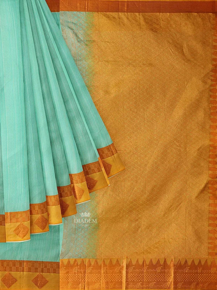 Light Blue Silk Saree with Stripes on the body and Contrast Zari Border - Diadem