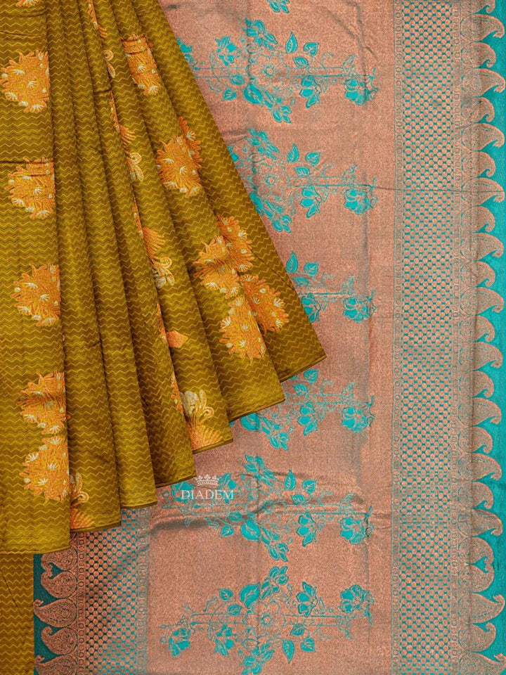 Mustard Silk Saree with Floral Motif on the body and Without Border - Diadem