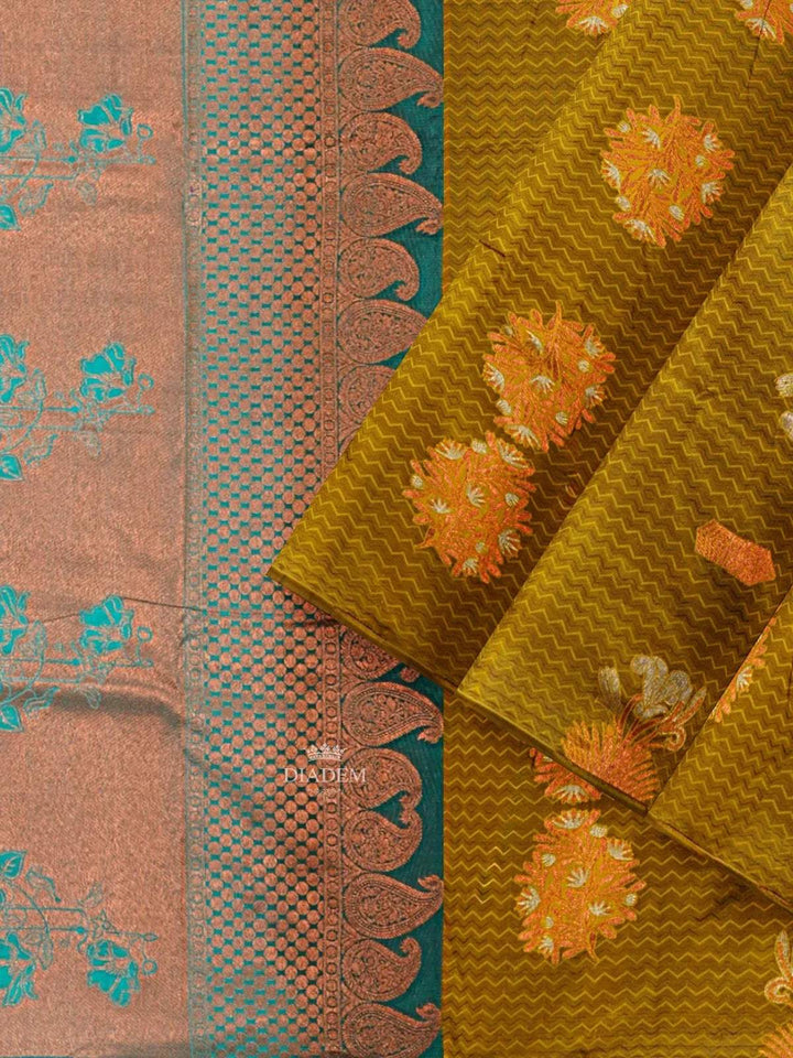 Mustard Silk Saree with Floral Motif on the body and Without Border - Diadem