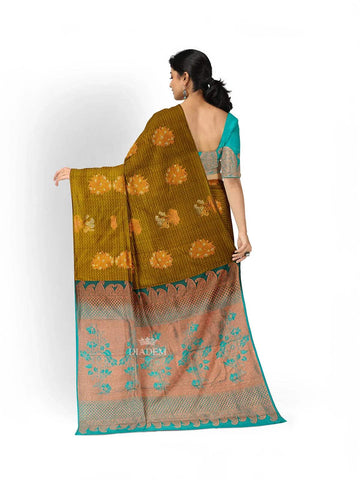 Mustard Silk Saree with Floral Motif on the body and Without Border - Diadem