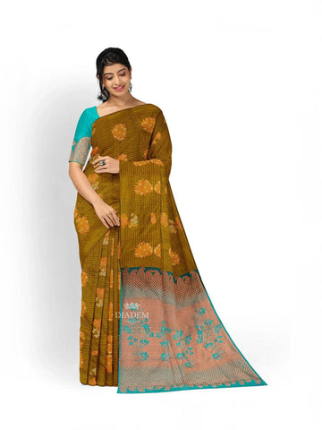 Mustard Silk Saree with Floral Motif on the body and Without Border - Diadem