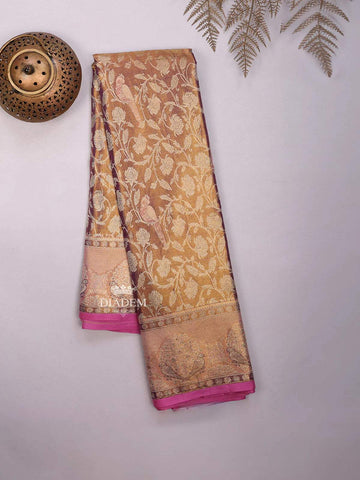 Brown Pure Kanchipuram Bridal Silk Saree with Floral Motif on the body and Contrast Zari Border - Diadem