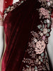 Dark Red Floral Embroidered Velvet Designer Saree
