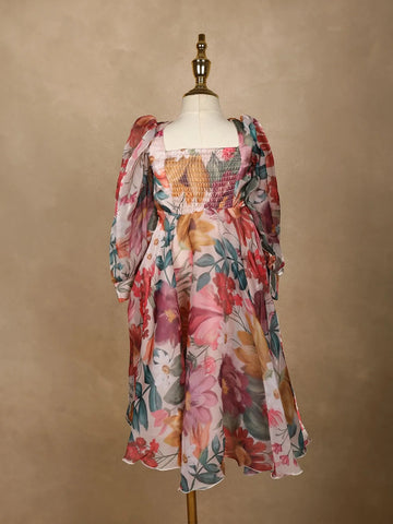 Pink Floral Designed Party Gown for Girls - Diadem