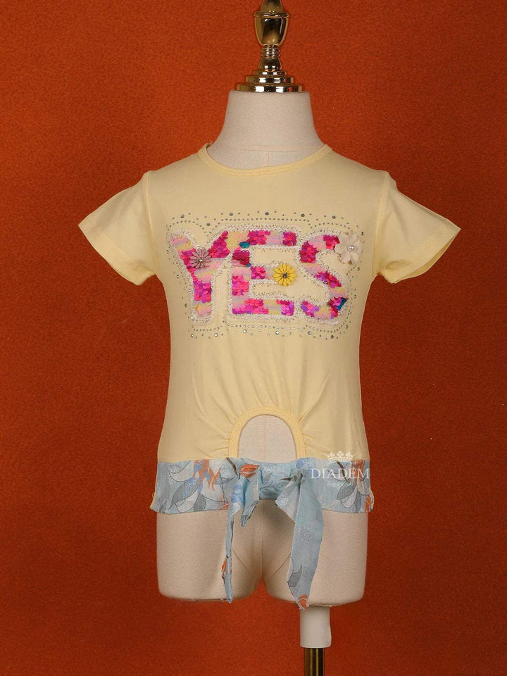 Light Yellow Cotton Half Sleeve T-Shirt for Girls - Diadem