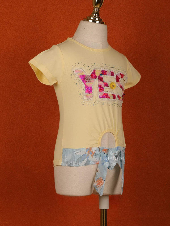 Light Yellow Cotton Half Sleeve T-Shirt for Girls - Diadem