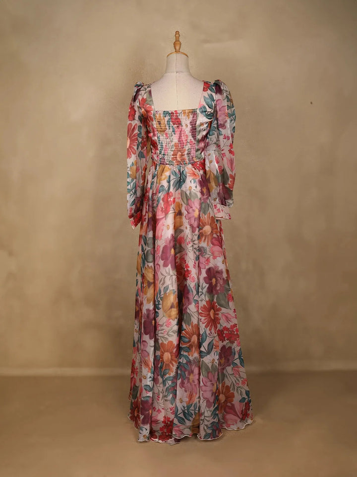 Pink Floral Designed Organza Party Wear Gown - Diadem