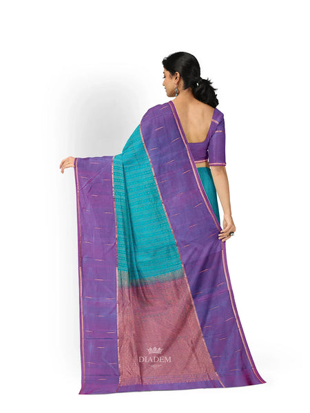 Blue Green Dual Tone Pure Kanchi Pattu Saree with Stripes on the body and Contrast Zari Border - Diadem