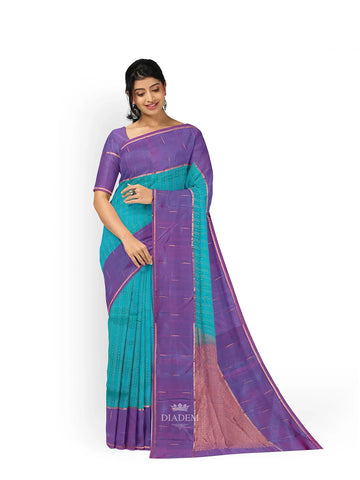 Blue Green Dual Tone Pure Kanchi Pattu Saree with Stripes on the body and Contrast Zari Border - Diadem