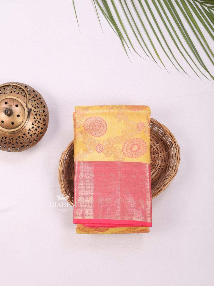 Yellow Pure Kanchipuram Bridal Silk Saree with Floral Motif on the body and Contrast Zari Border - Diadem