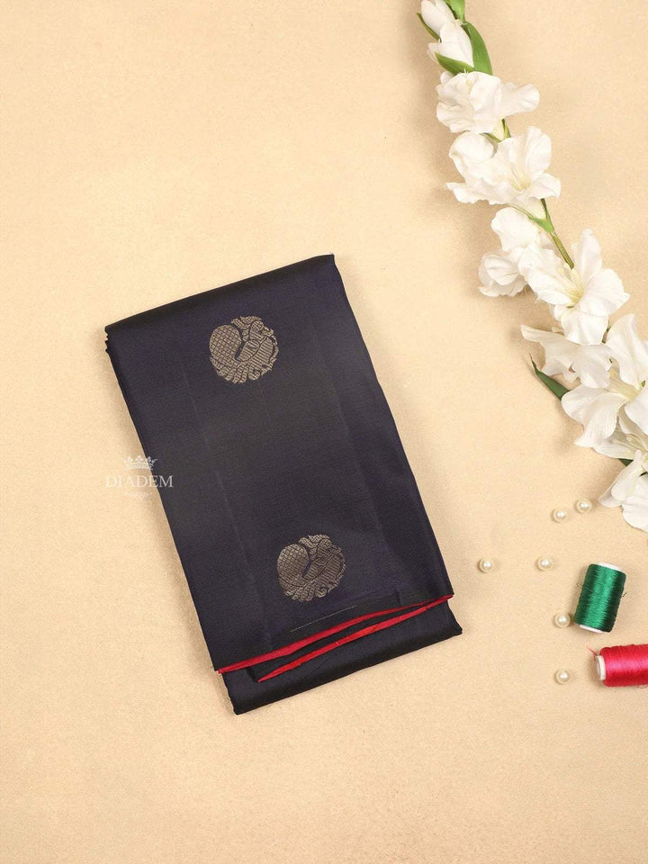 Black Pure Kanchipuram Bridal Silk Saree with Peacock Motifs on the Body and without Border - Diadem