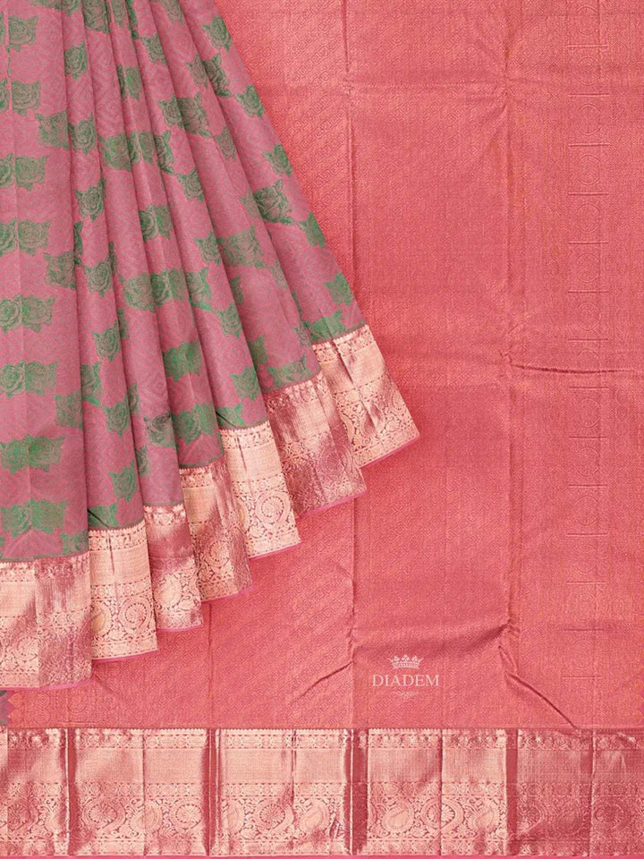 Light Pink Pure Kanchipuram Silk Saree with Floral Motif on the Body and Zari Border - Diadem