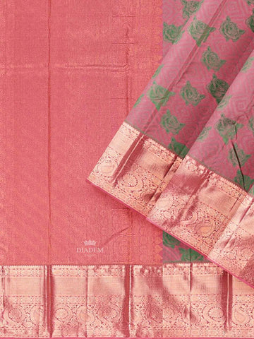 Light Pink Pure Kanchipuram Silk Saree with Floral Motif on the Body and Zari Border - Diadem