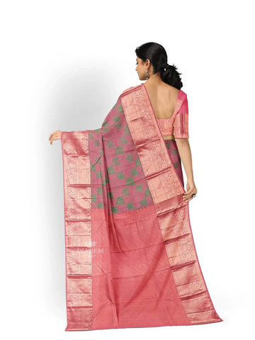 Light Pink Pure Kanchipuram Silk Saree with Floral Motif on the Body and Zari Border - Diadem