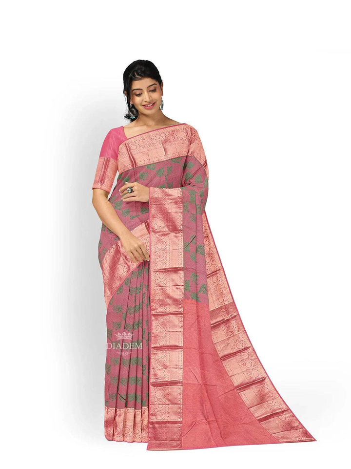 Light Pink Pure Kanchipuram Silk Saree with Floral Motif on the Body and Zari Border - Diadem