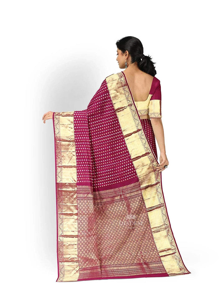 Burgundy Pure Kanchipuram Bridal Silk Saree with Doted Stripes Design on the Body and Zari Border - Diadem