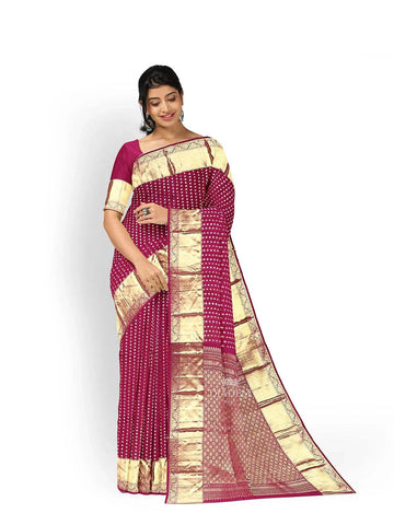 Burgundy Pure Kanchipuram Bridal Silk Saree with Doted Stripes Design on the Body and Zari Border - Diadem