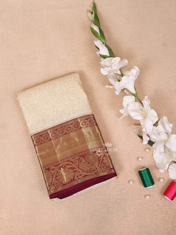 Sandal Pure Kanchipuram Bridal Silk Saree with Flower Motif on the Body with Contrast Zari Border - Diadem