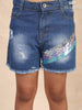 Denim Blue Mid-Rise Shorts with Sequins - Diadem