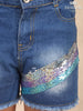 Denim Blue Mid-Rise Shorts with Sequins - Diadem