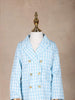 White Cotton Blend Blazer with Blue Check Print for Girls - Diadem