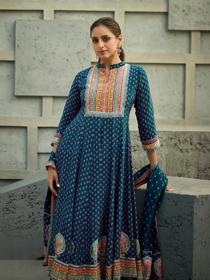 Blue Floral Printed Synthetic Salwar Suit - Diadem