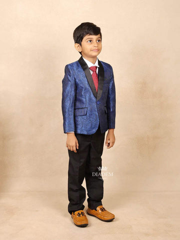 Royal Blue Satin Tuxedo Coat Suit with Attached Red Tie Ensemble - Diadem