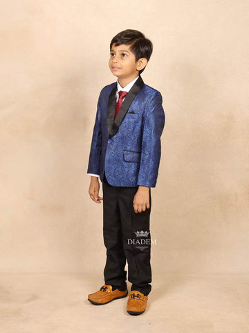 Royal Blue Satin Tuxedo Coat Suit with Attached Red Tie Ensemble - Diadem