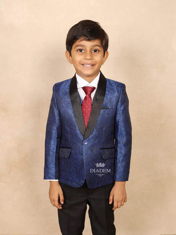 Royal Blue Satin Tuxedo Coat Suit with Attached Red Tie Ensemble - Diadem