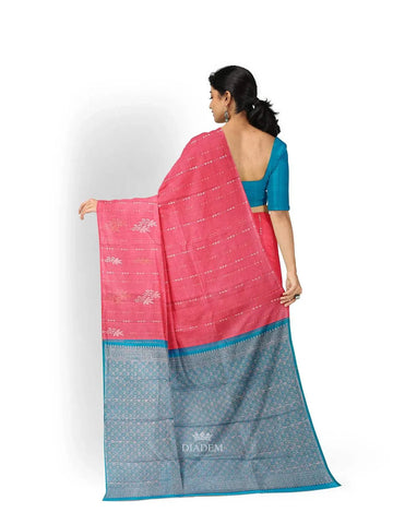 Pink Kanchipuram Bridal Silk Saree with Stripes and No Border - Diadem